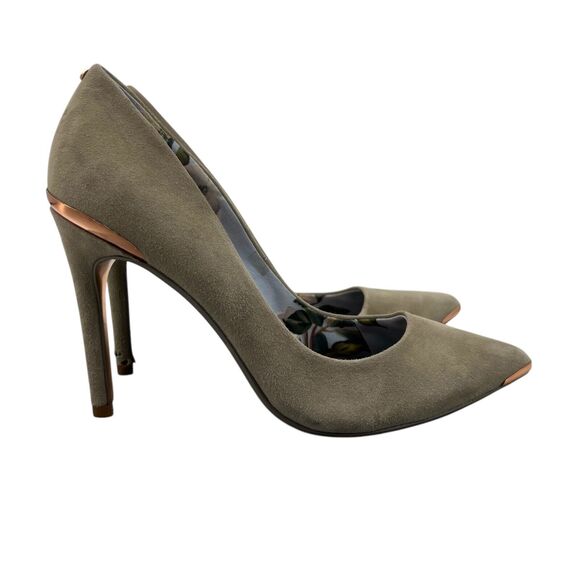 Ted Baker Womens 37 Pumps Grey Suede Stiletto Heels Pointed Toe Rose Gold Lining - Picture 1 of 13